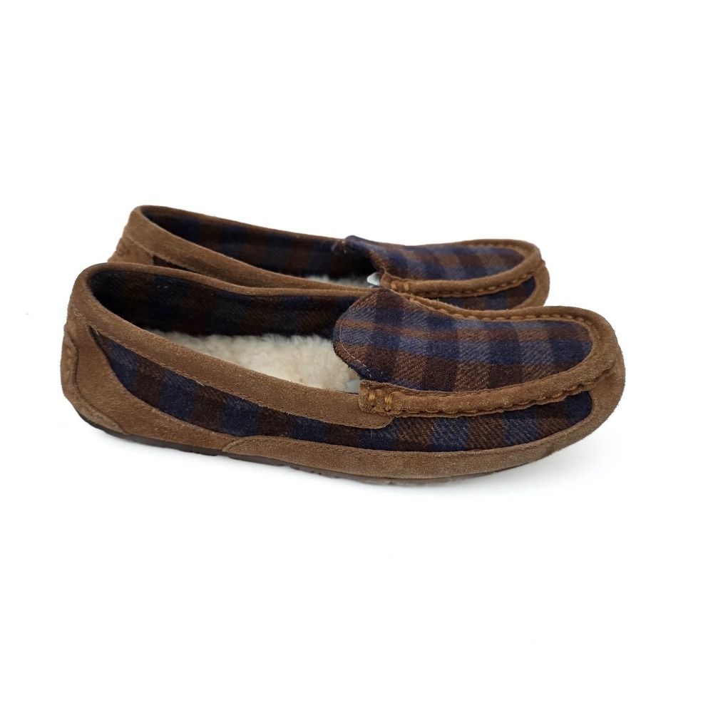 UGG Australia Ascot Plaid Slippers Kids 4 Womens 6 Brown Sheepskin Moccasins